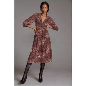 NWT Ranna Gill Anthropologie Floral Cutouts Leopard Print Midi Dress Size XS